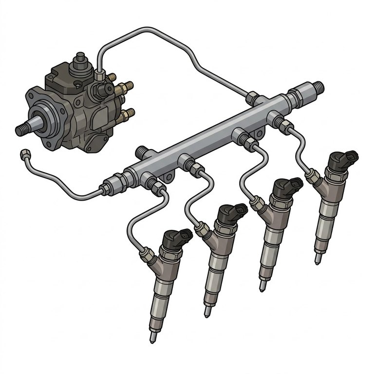 Common rail : Système d'injection diesel où une pompe haute pression alimente une rampe commune à 1 600 à 2 200 bar ; des injecteurs pilotés électriquement dosent le carburant en plusieurs injections par cycle. Il améliore le rendement, réduit le bruit et les émissions, mais exige un gazole parfaitement filtré.