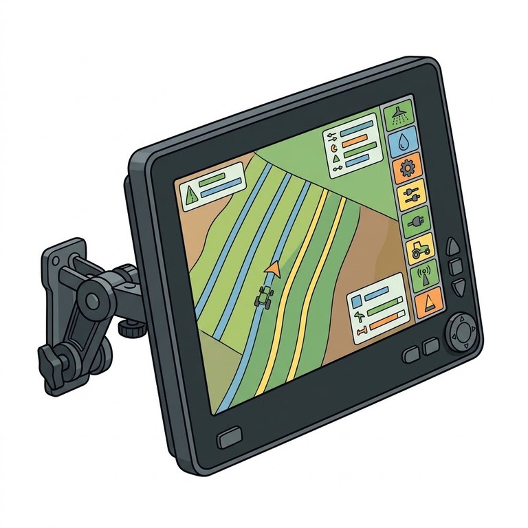Terminal / console : Écran tactile en cabine qui sert d'interface entre le chauffeur, le tracteur et les outils ISOBUS. Il affiche les réglages, le guidage et les cartes, et enregistre les données du chantier.